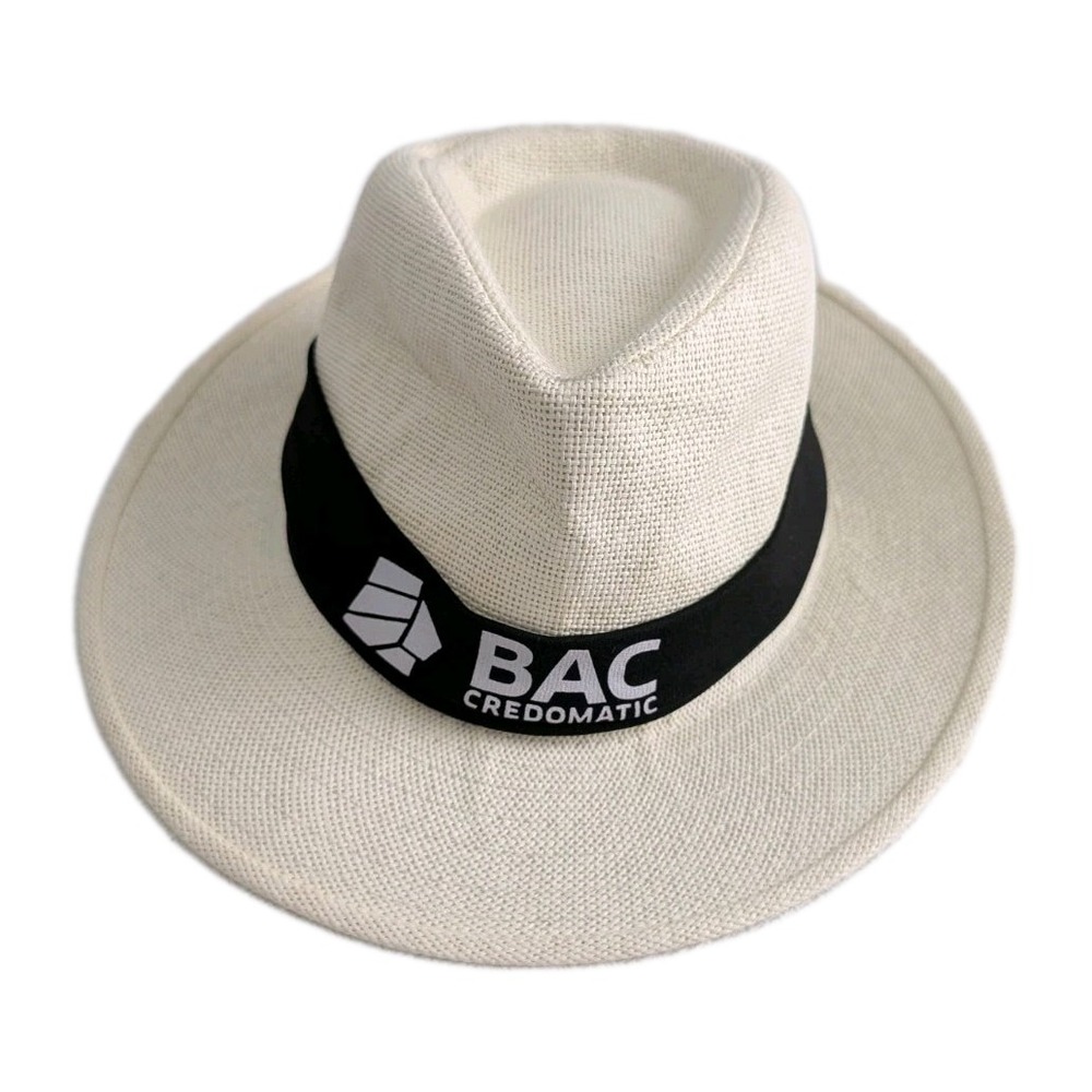 White Fedora Sun Hat Cuban, Panama, White Straw,  BAC Credomatic Logo
